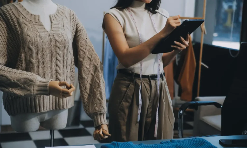 Profissional de moda mensurando resultados em um tablet, etapa importante do branding e marketing de moda.