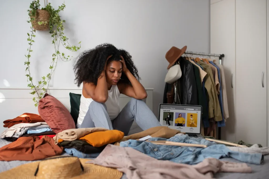 Consumidora repensando seu jeito de consumir, olhando com preocupação para suas roupas, o começo para um consumo mais consciente.