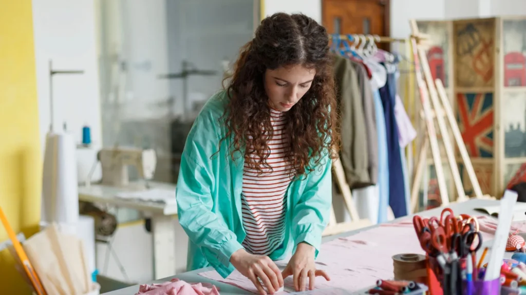Diseñadora marcando diferentes tipos de trazos en un patrón