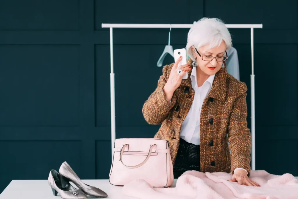Mulher idosa estilosa interessada em moda na terceira idade olhando para uma peça de roupa e acessórios como bolsa e sapatos
