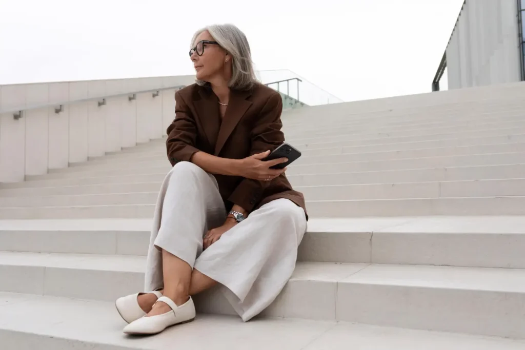 Mulher idosa de óculos estilosa interessada em moda na terceira idade sentada nas escadas com um celular na mão