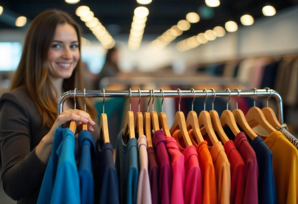 Mujer sosteniendo prenda de fast fashion con etiquetas aún puestas, resaltando el consumo acelerado.”