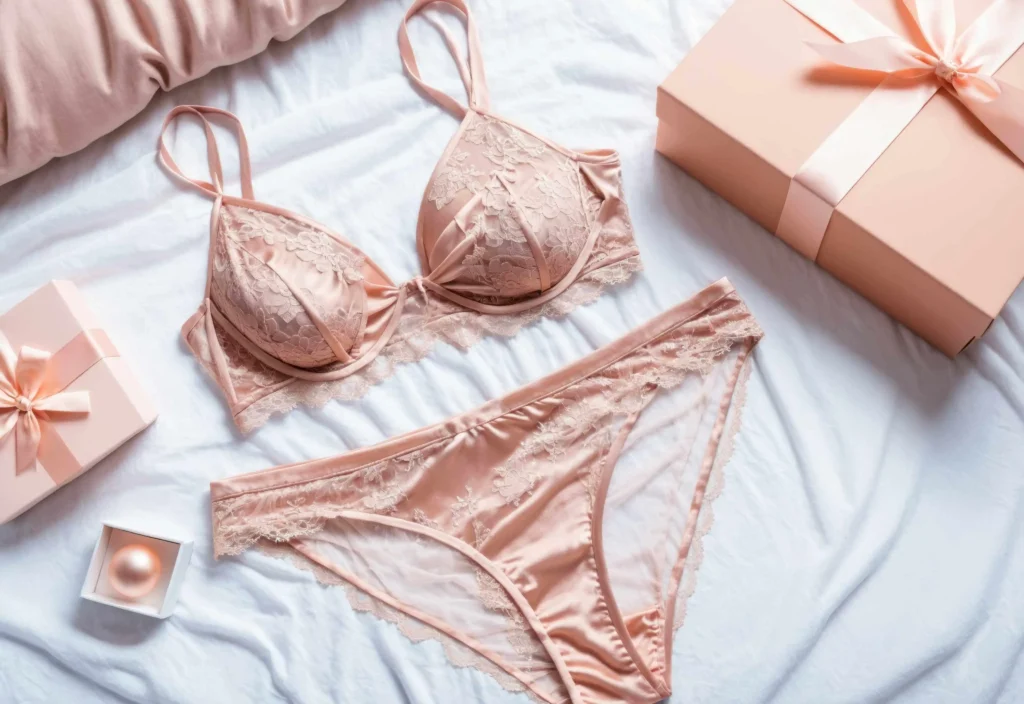 Tipos de bojo: lingerie rosa com sutiã de bojo. 