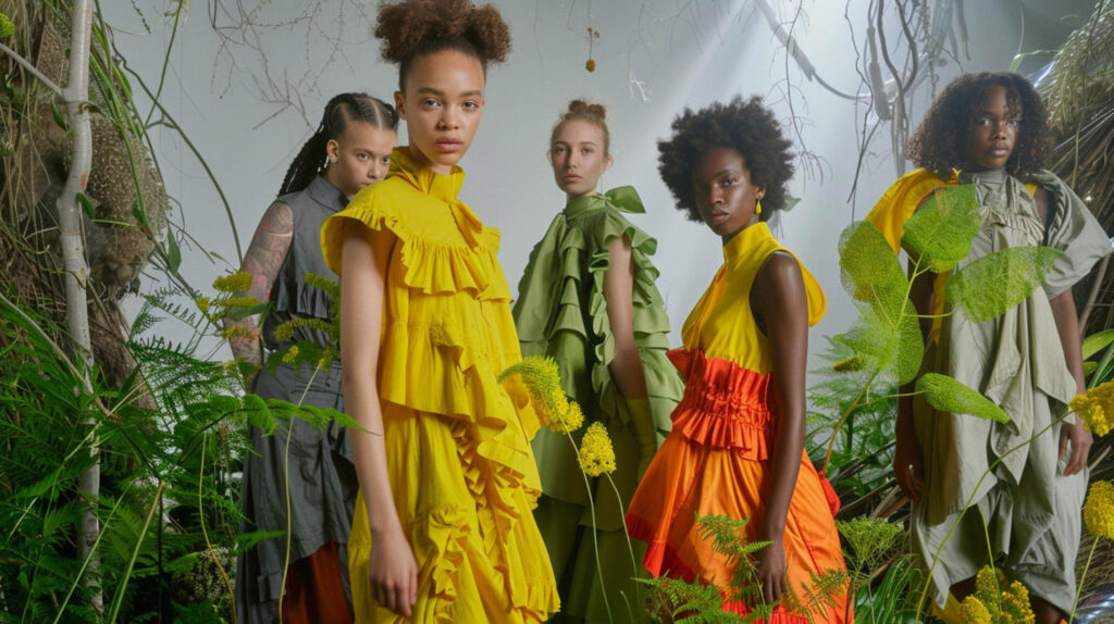 Cinco modelos posam com vestidos em cores parecidas, em meio à natureza, com uma temática orgânica.