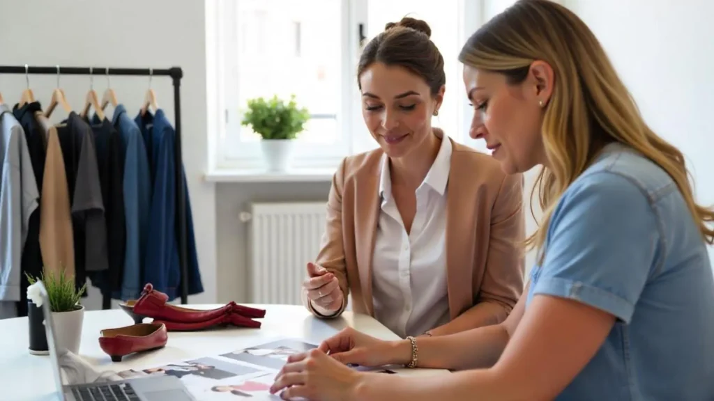 Mujer emprendedora liderando una reunión de branding con su equipo, tomando decisiones estratégicas para la construcción de marca.