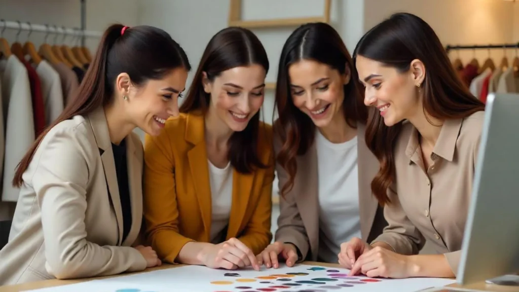 Emprendedoras de moda revisando fichas técnicas frente a una computadora, enfocadas en la construcción de marca de su colección.