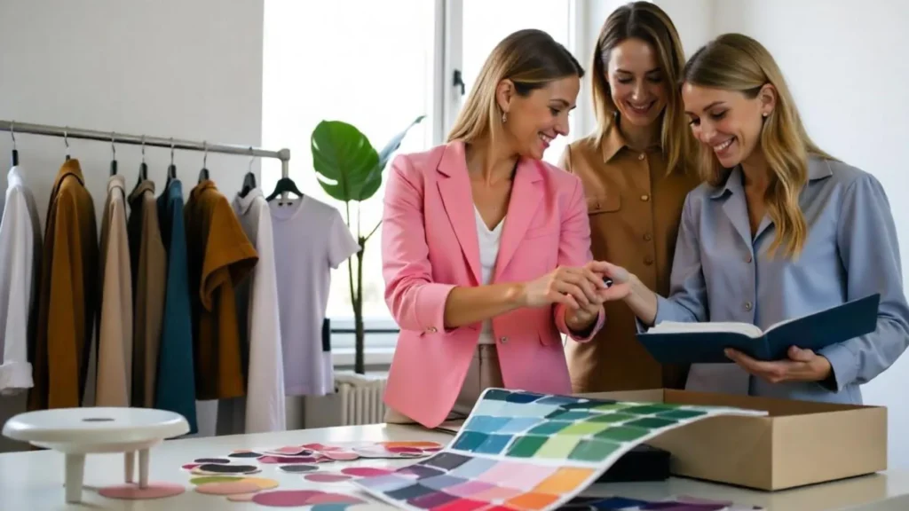 Diseñadoras textil organizando su espacio creativo con moodboards y telas, etapa clave en la construcción de marca.