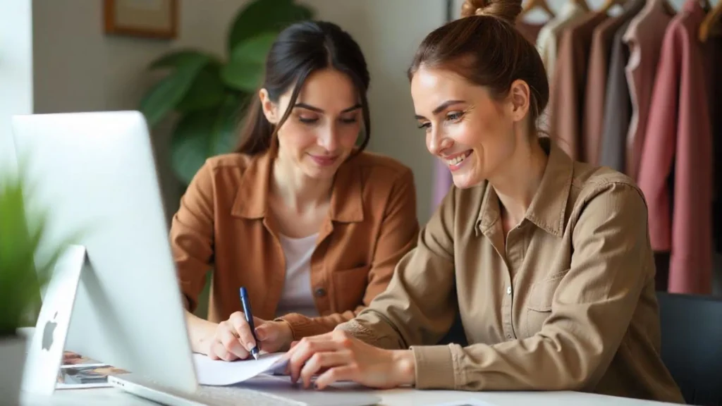Mujeres diseñadoras de moda en su taller digitalizando bocetos con Audaces, en proceso de construcción de marca.