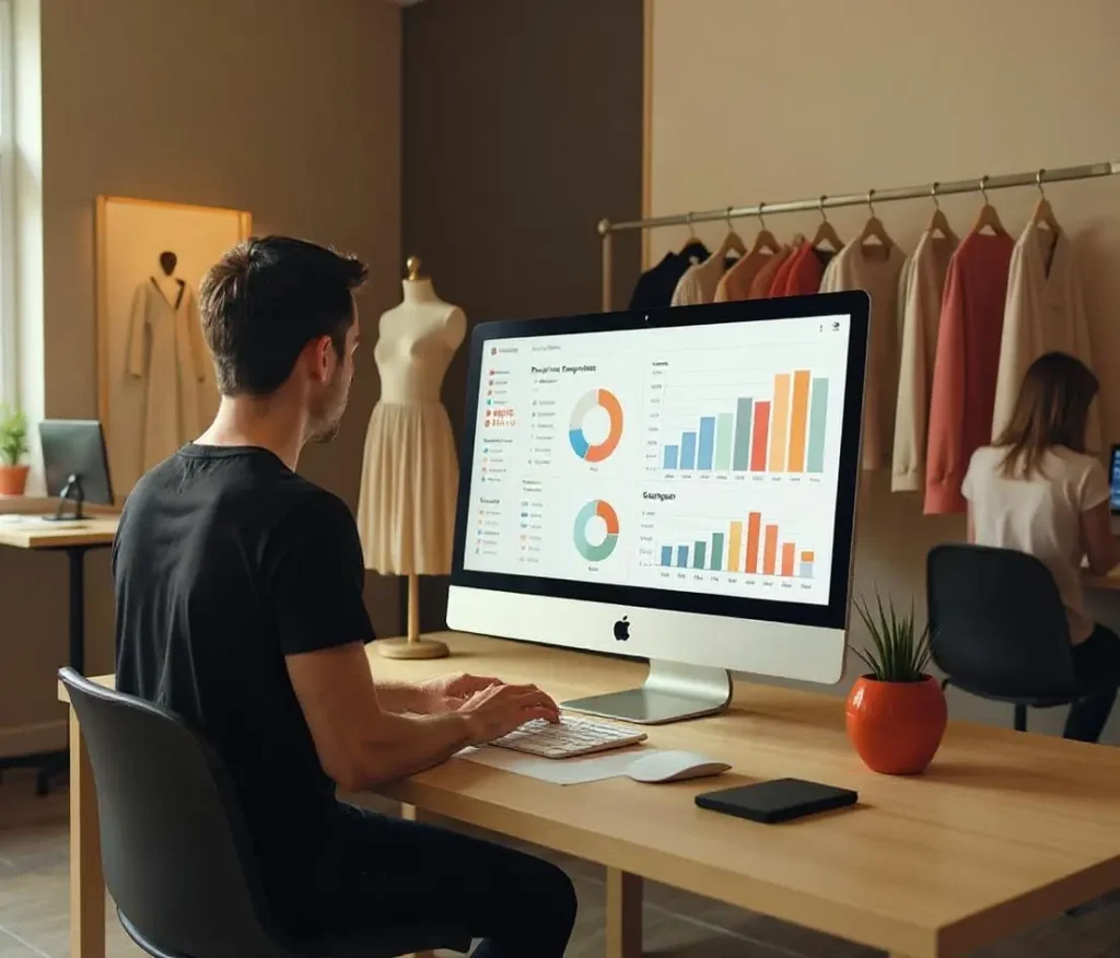 Un diseñador concentrado frente a su computadora, realizando un análisis de datos sobre tendencias de moda, en un moderno estudio lleno de bocetos, telas y maniquíes que inspiran su creatividad