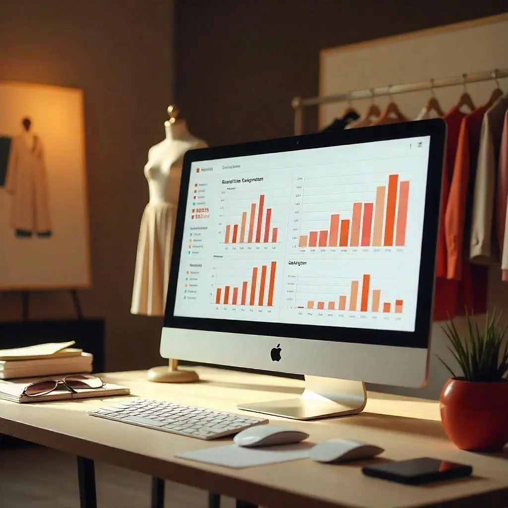 En un estudio de moda iluminado, se examinan gráficos y estadísticas en la pantalla, dedicándose al análisis de datos para perfeccionar sus colecciones y anticipar las próximas tendencias.