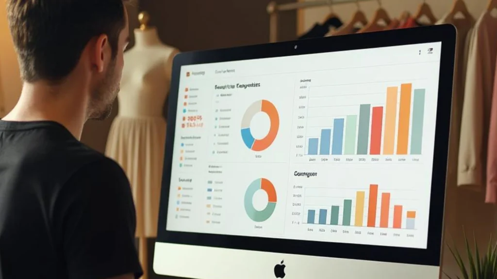 Un creativo diseñador utiliza herramientas digitales para el análisis de datos en un espacio de diseño vibrante, rodeado de muestras de tela, dibujos y accesorios que reflejan el pulso actual de la moda.