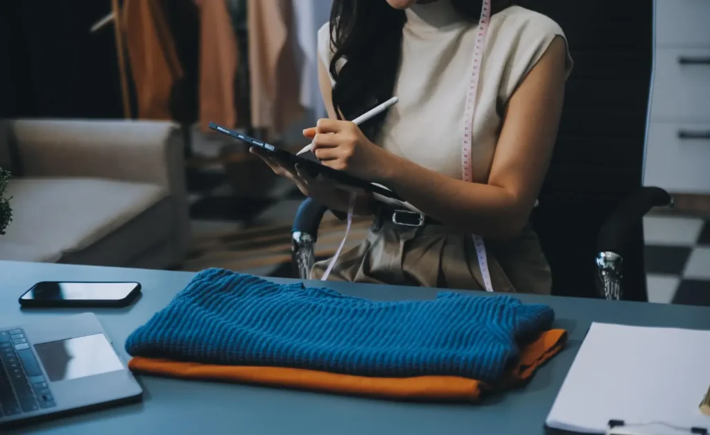 Profissional da moda mexendo em um tablet com uma fita métrica no pescoço.