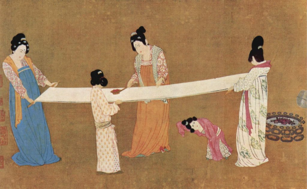 Court women preparing freshly woven silk