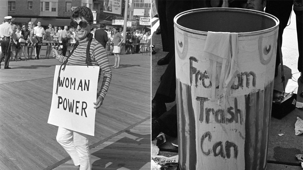 Le manifestanti si uniscono contro il concetto sessista di bellezza femminile. 1968, una delle maggiori manifestazioni femministe del XX secolo. 