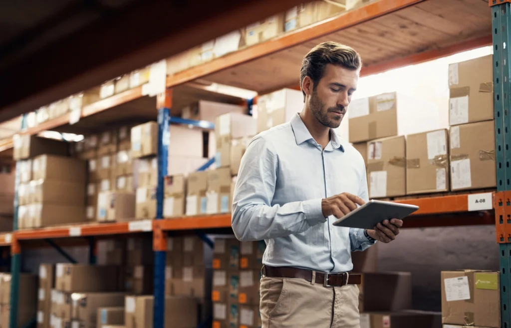 A production manager working on a tablet in the warehouse.