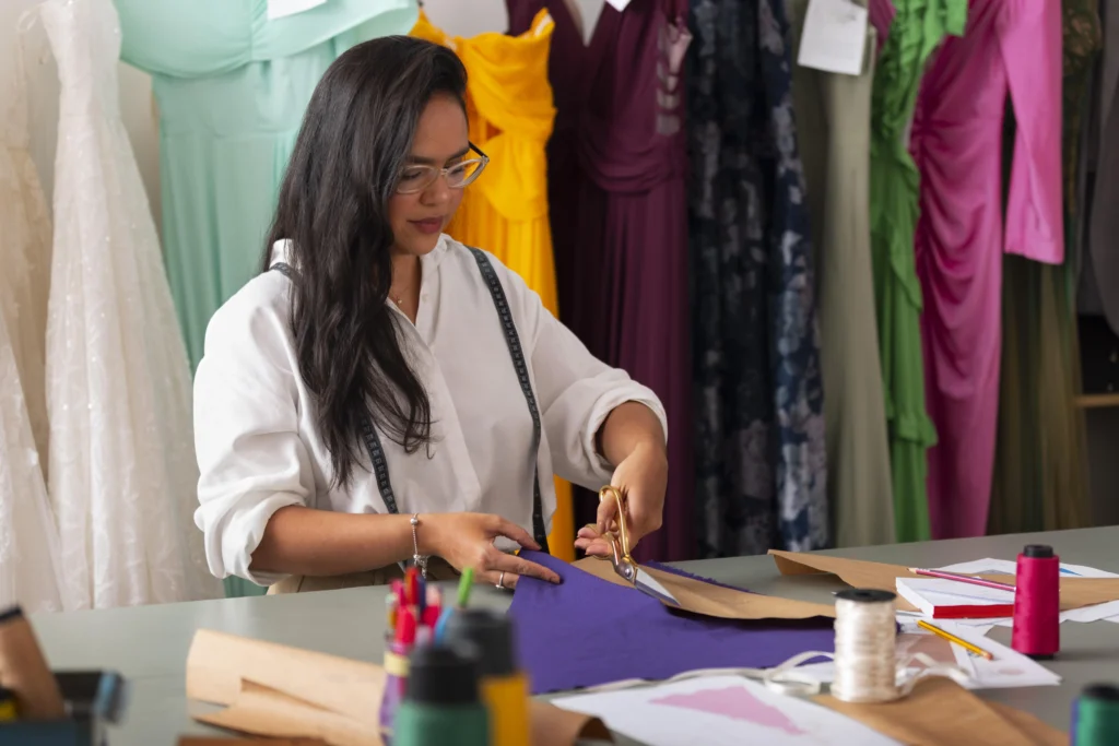 Diseñadora cortando tela para hacer un prototipo de ropa