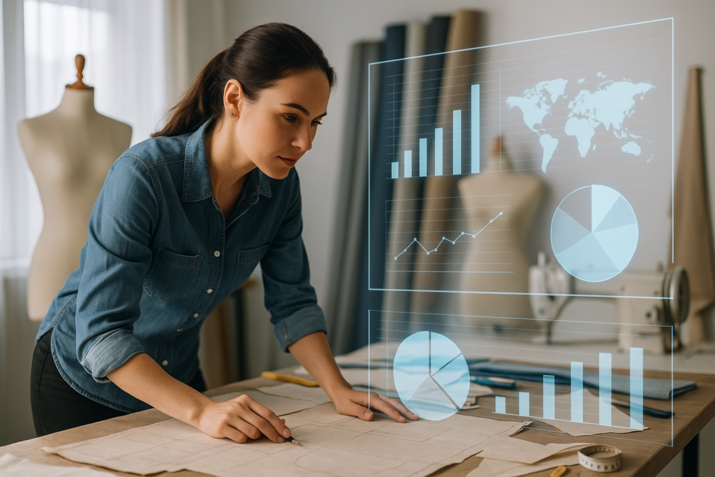Plano de diseñadora junto a rollos de tela, interactuando con datos flotantes de producción, reflejando big data industria 4.0