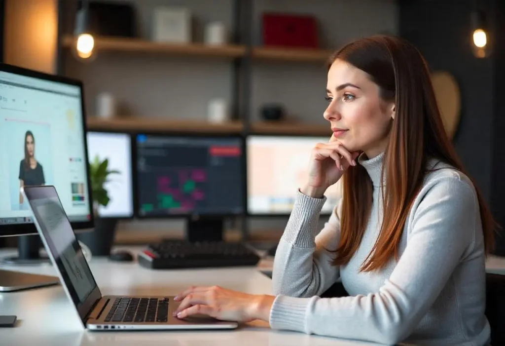 Mujer en su oficina trabajando en un software SaaS para moda