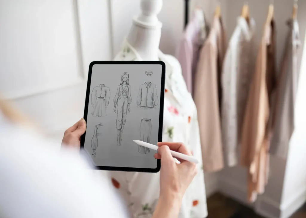 Estilista/designer de moda fazendo desenhos de casacos, camisas, saias em um tablet