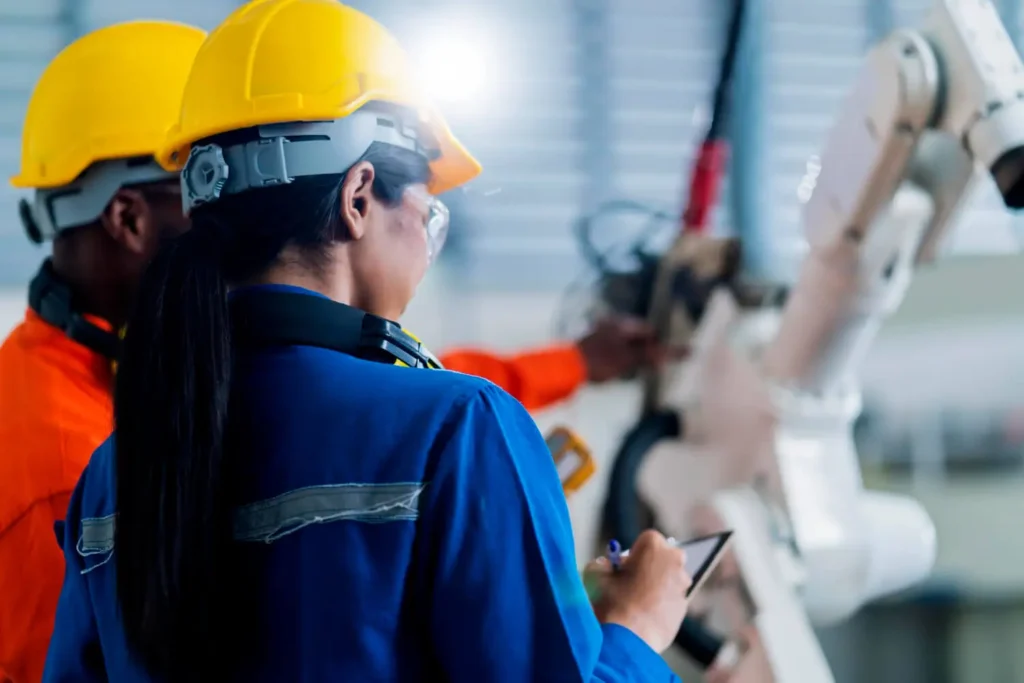 Fabricación avanzada: una hombre y una mujer con ropa de protección en una industria con robots mirando anotaciones