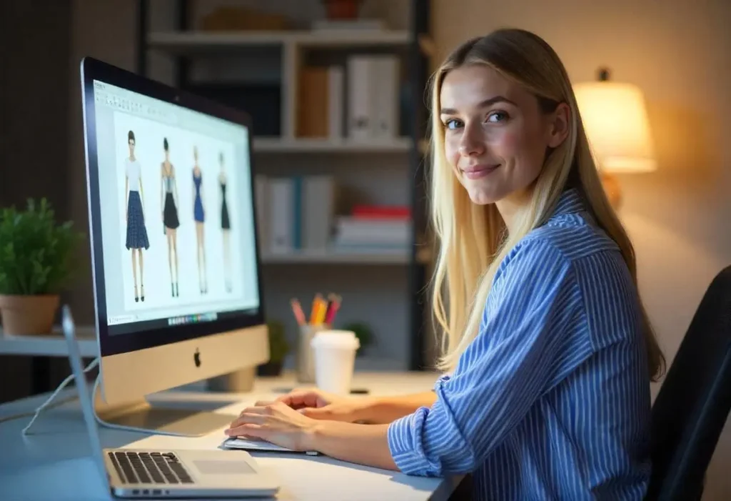 Diseñadora de moda está sentada en su escritorio, concentrada en la pantalla de su computadora. En el monitor se muestra un software de modelado de ropa con un patrón digital