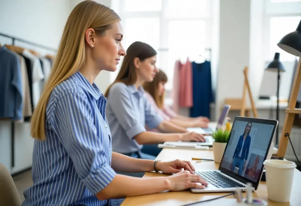 Dos modelistas trabajan en un software de modelado de ropa. 