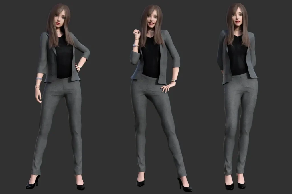 Moda virtual: 3 avatares femeninos vestidos con una ropa formal virtual