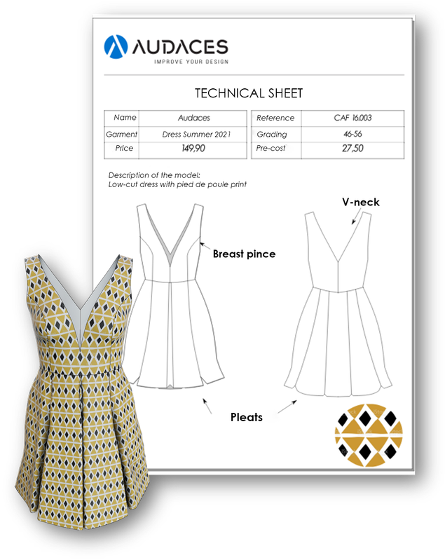 An example of a fashion spec sheet, in a template created by Audaces