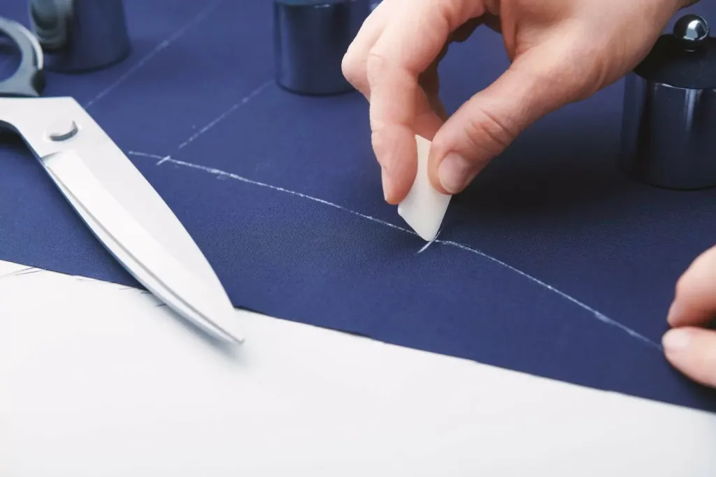 The image shows a type of fabric being traced for cutting