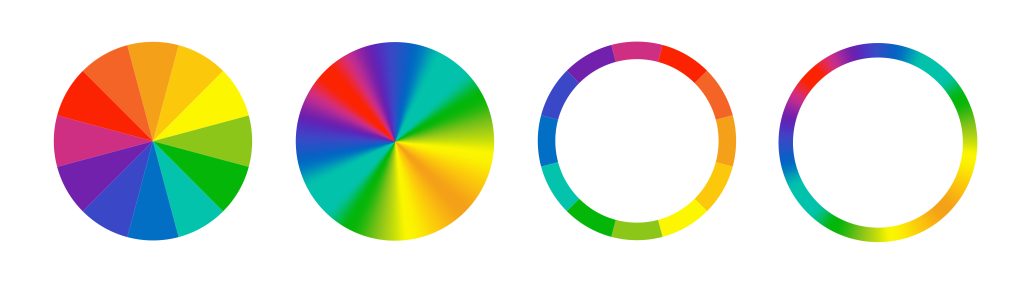 Imagem com quatro tipos de representação do círculo cromático.