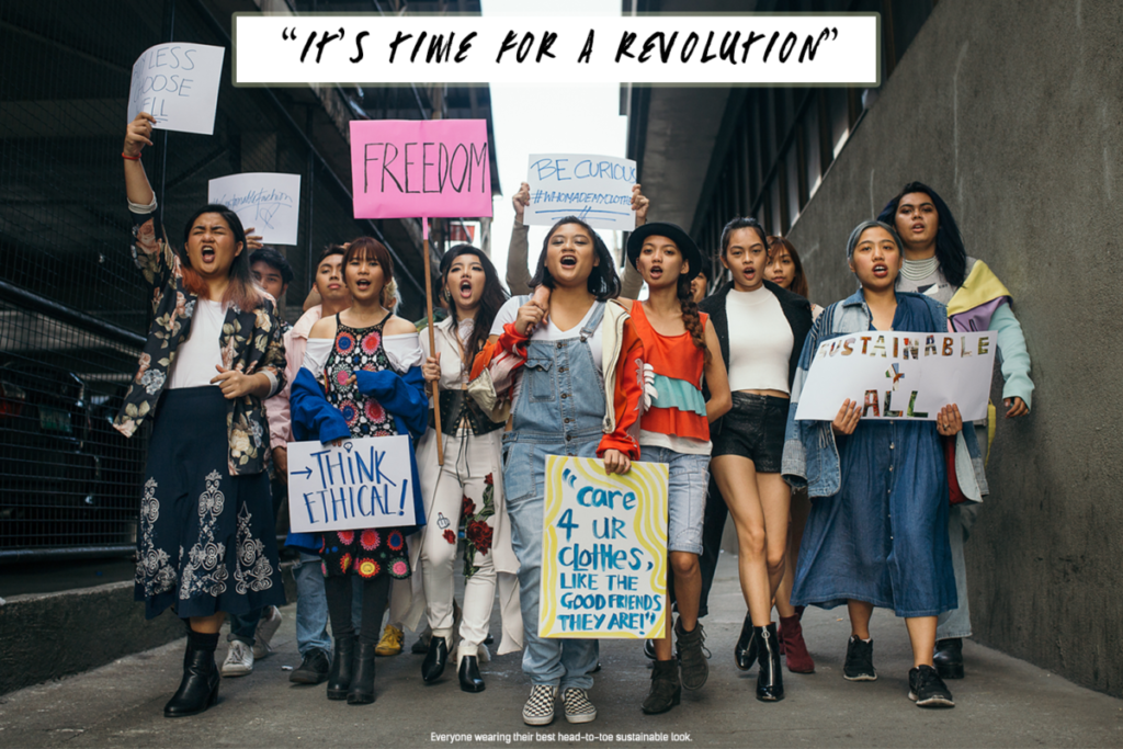 The image shows women holding signs with messages about the Fashion Revolution purposes