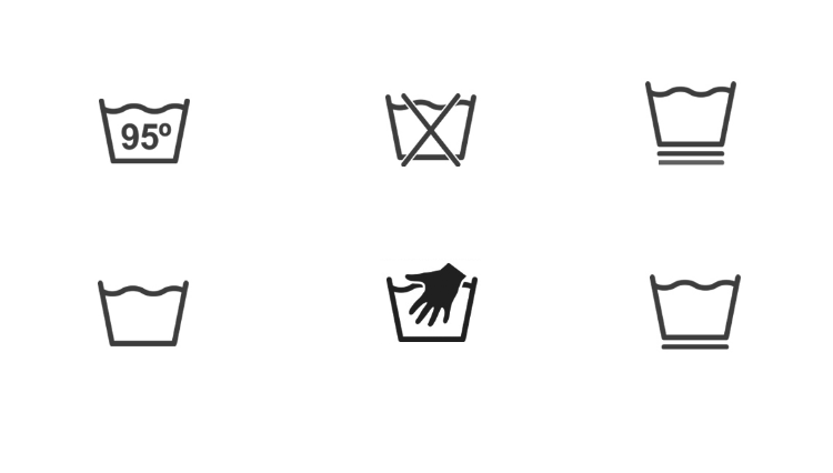 Ícones de lavagem que fazem parte da simbologia têxtil. 