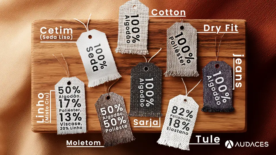 Infográfico demonstrando a composição dos principais tecidos utilizados no mercado de moda. Os números estão inseridos dentro de etiquetas ilustrativas feitas do tecido mencionado, como cetim, cotton, dry fit e tule.