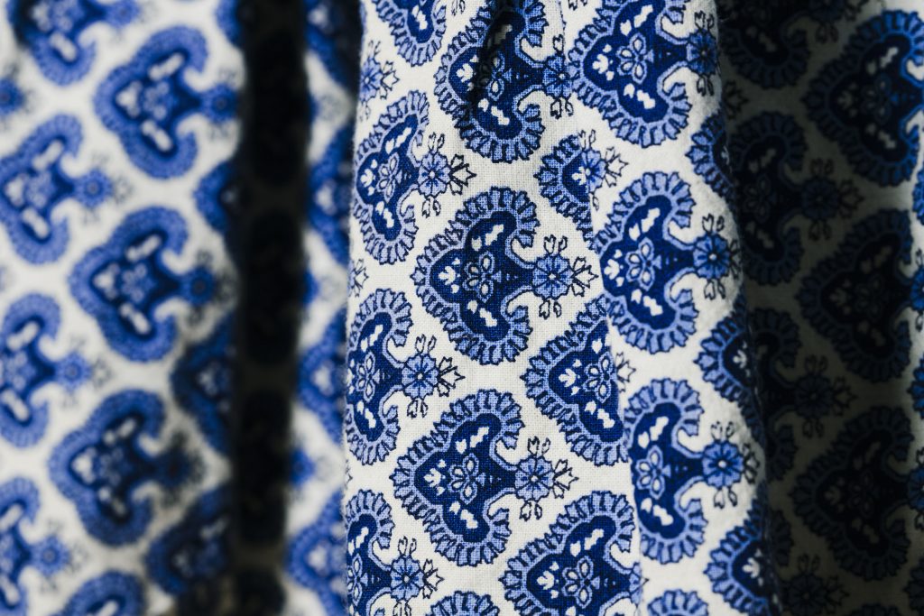 Printed fabric using rotary printing technique.