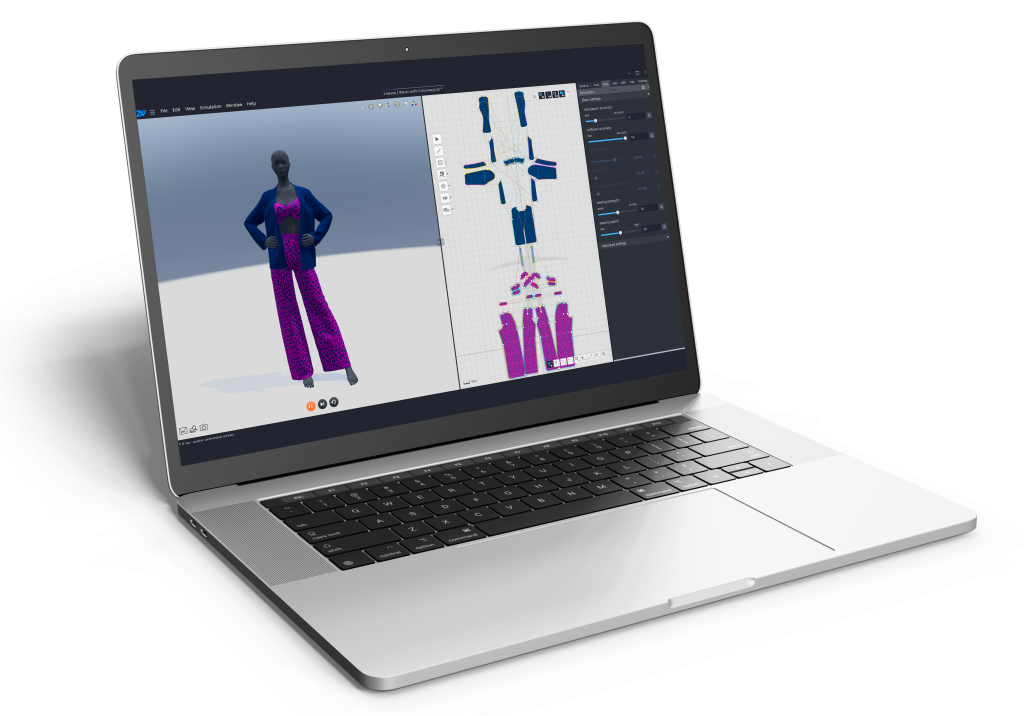 Notebook mostrando a tela do Audaces 3D com um macacão sendo confeccionado 