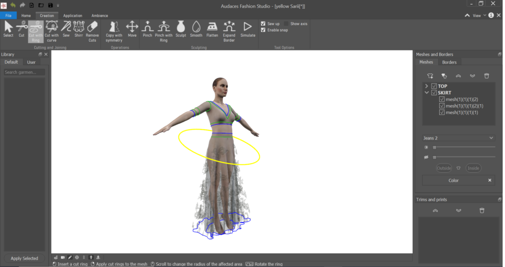 Fashion NFTs: Screenshot of the Audaces Fashion Studio interface simulating the creation of a 3D dress. 
