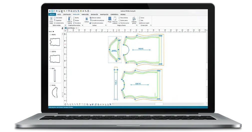 Computer screen displaying Audaces Pattern software while a female blouse pattern is being created.