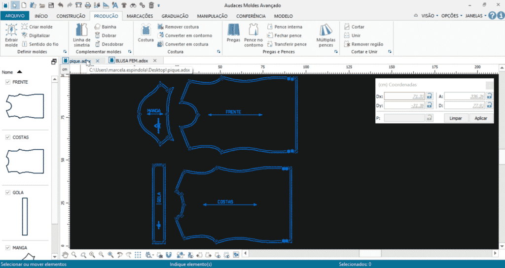 Pattern grading chart: Audaces Pattern software in action, while creating a piece of garment.