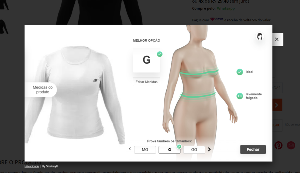 Provador virtual de roupas Mormaii, mostrando qual o tamanho ideal para o cliente.