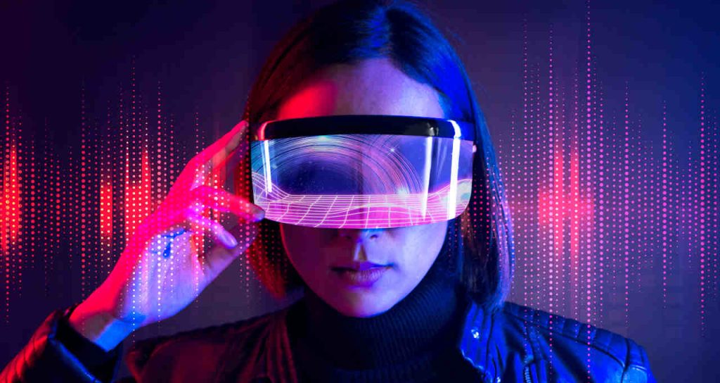Woman wearing virtual reality headset, exploring a virtual fashion clothing designs.