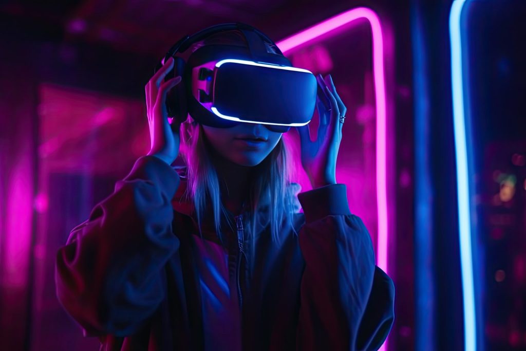 Woman wearing virtual reality headset, exploring a virtual fashion world with futuristic clothing designs.
