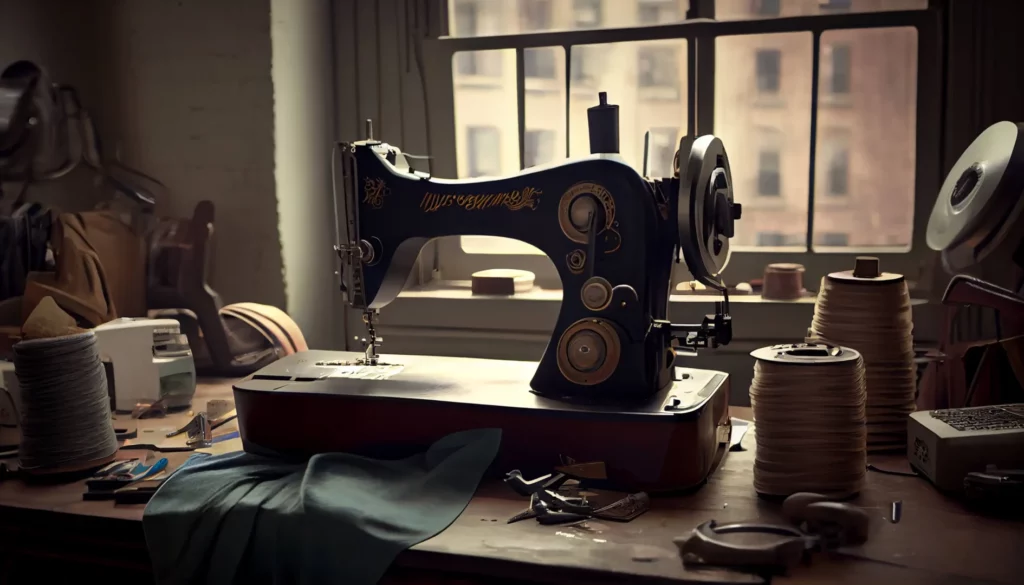 Carretel de costura e máquina de costura em um fundo vintage 