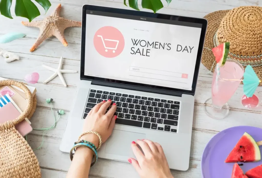 
Online swimwear store: A woman shopping online, taking advantage of a Women's Day promotion.