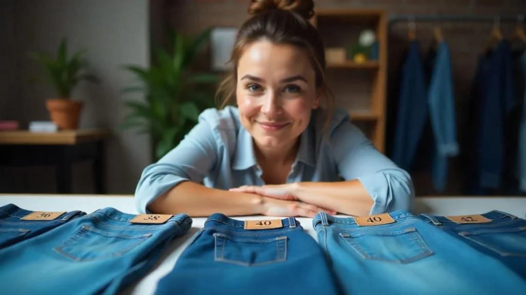 Diseñadora de moda midiendo y organizando varios jeans sobre una mesa de diseño, con etiquetas claras que muestran tallas numéricas como 36, 38, 40 y 42,