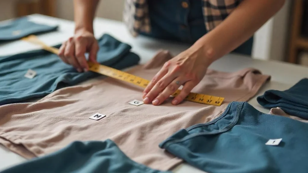 Primer plano de las manos de una diseñadora de moda comparando etiquetas de tallas de ropa, mostrando la transición de tallas en letras (S, M, L) a números (36, 38, 40), ilustrando 'tallas de ropa de letra número