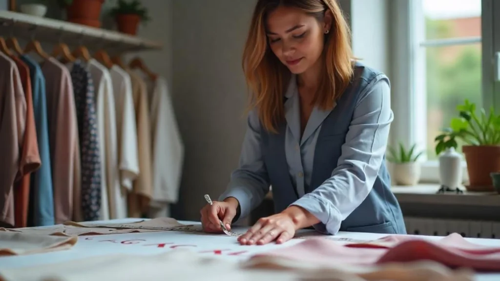 Diseñadora de moda en su mesa de trabajo rodeada de prendas con etiquetas de tallas, sosteniendo una muestra de tela junto a tablas de tallas numéricas y de letras