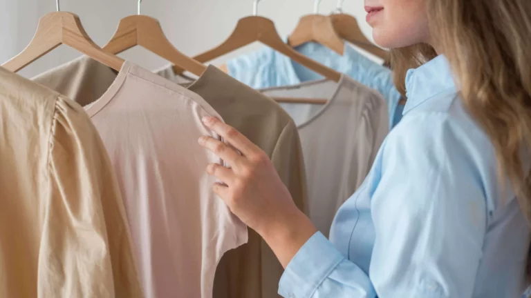 Woman choosing pieces based on clothing alpha sizing.
