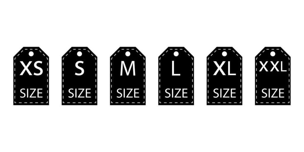 Apparel size conversion chart: Labels with sizes used in countries like the USA.