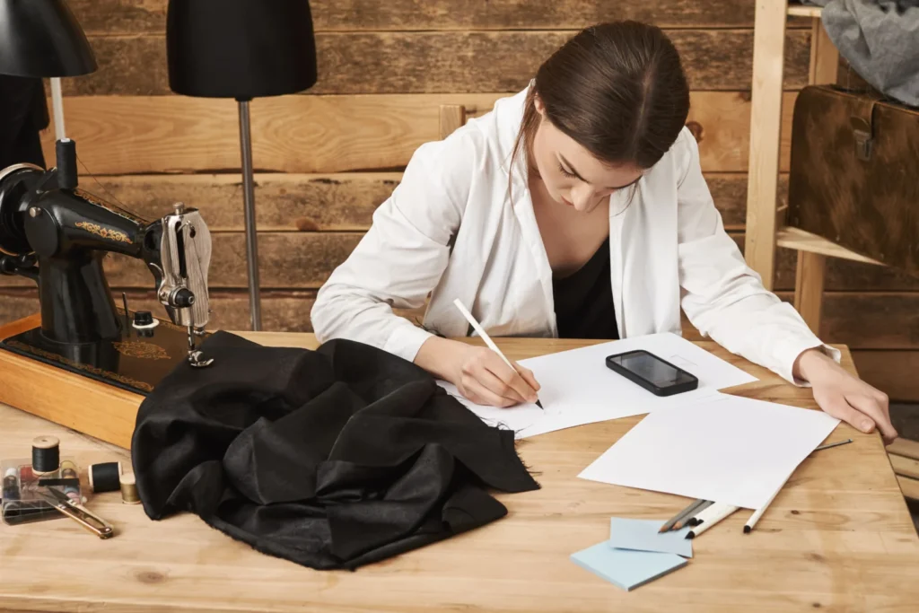 Como preencher ficha técnica de moda: mulher escrevendo em papel com acessórios de criação de moda 