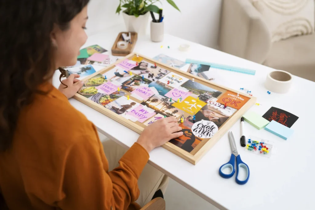 How to create a moodboard: Woman creating a physical visual board.